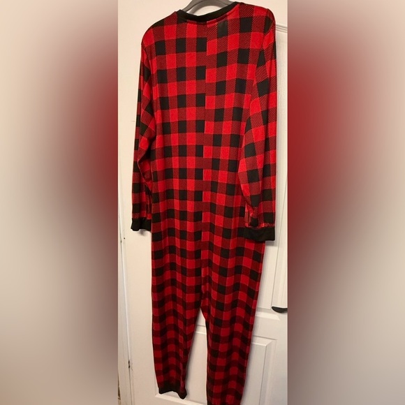 Dearfoams XL Buffalo Plaid One Piece Pajamas Cozy Bear Patch Lounge Sleeper - Picture 2 of 6
